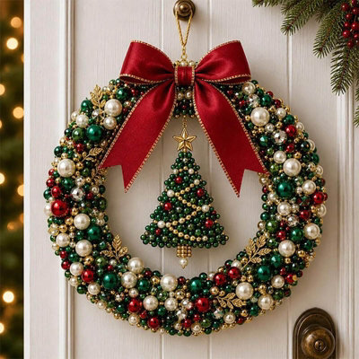 Amorly Diy Christmas Pearl Wreath Kit, Handmade Beaded Holiday Door Decor With Beads, Ribbon And Instructions, Craft Gift (Christmas) - image 1