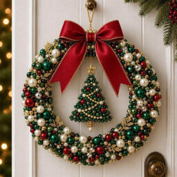 Amorly Diy Christmas Pearl Wreath Kit, Handmade Beaded Holiday Door Decor With Beads, Ribbon And Instructions, Craft Gift (Christmas) - thumbnail 1