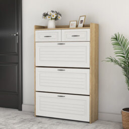 Merax Shoe Cabinet, Narrow Shoe Storage With 3 Flip Doors, 2 Drawers, Adjustable Dividers, Shoe Rack For Hallway, White+Natural