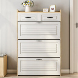 Merax Shoe Cabinet, Narrow Shoe Storage With 3 Flip Doors, 2 Drawers, Adjustable Dividers, Shoe Rack For Hallway, White+Natural - thumbnail 2