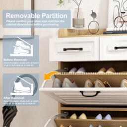 Merax Shoe Cabinet, Narrow Shoe Storage With 3 Flip Doors, 2 Drawers, Adjustable Dividers, Shoe Rack For Hallway, White+Natural - thumbnail 7