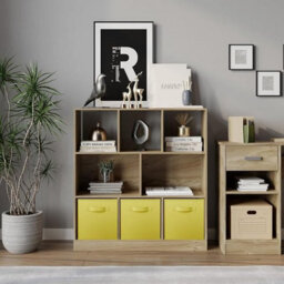 Urbn-Living Urbnliving Asymmetrical 8 Cube Oak Bookcase Storage Unit With 3 Fabric Drawer Inserts- Yellow - thumbnail 2