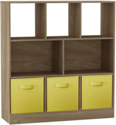 Urbn-Living Urbnliving Asymmetrical 8 Cube Oak Bookcase Storage Unit With 3 Fabric Drawer Inserts- Yellow