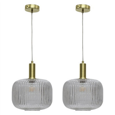 First Choice Lighting Set Of 2 Batley Large - Clear Ribbed Glass Satin Brass Deco Pendants - image 1