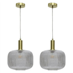 First Choice Lighting Set Of 2 Batley Large - Clear Ribbed Glass Satin Brass Deco Pendants - thumbnail 1