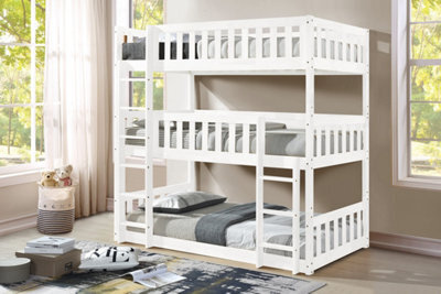 Mattress Guru Lydia Triple Bunk Bed With Ladder In White, Wooden High Sleeper Kids Bunk Bed, Solid Rubberwood Bed Frame - image 1
