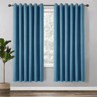 Bedlooms Blue Linen Curtain 100% Blackout Thermal Insulated Eyelet Curtain (Pair) 66 X 54 Inches With Tie Back Two - image 1