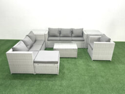 Fimous Wicker Pe Rattan Sofa Garden Furniture Set Armchair Oblong Coffee Table Big Stool 2 Side Tables Light Grey - thumbnail 2