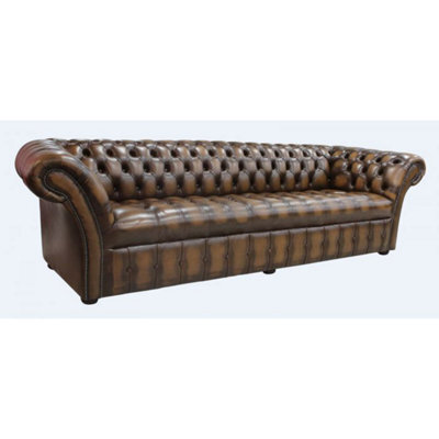 Chesterfield 4 Seater Antique Tan Leather Buttoned Seat Sofa In Balmoral Style - image 1