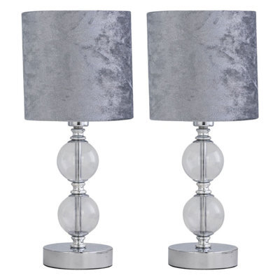 First Choice Lighting Set Of 2 Chrome Two Ball Table Lamp With Grey Crushed Velvet Shades - image 1