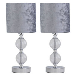 First Choice Lighting Set Of 2 Chrome Two Ball Table Lamp With Grey Crushed Velvet Shades