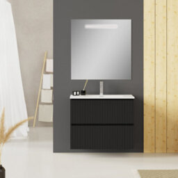 Linea Matt Black Ribbed Double Drawer Wall Hung Vanity Unit 800mm X 390mm - thumbnail 1