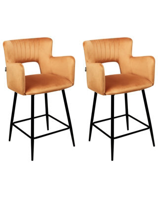 Wyld And Coco Velvet Bar Chair Set Of 2 In Orange With Armrests And Cut-Out Back, Black Metal Legs - image 1