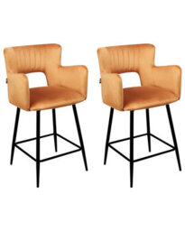 Wyld And Coco Velvet Bar Chair Set Of 2 In Orange With Armrests And Cut-Out Back, Black Metal Legs - thumbnail 1