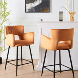 Wyld And Coco Velvet Bar Chair Set Of 2 In Orange With Armrests And Cut-Out Back, Black Metal Legs - thumbnail 2