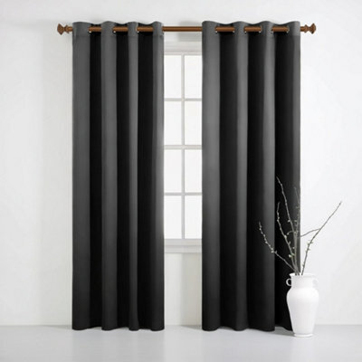 Aspire Homeware Plain Room Darkening Blackout Eyelet Curtain Pair Dark Grey (W) 228Cm X (D)228Cm With Tie Back Pair - image 1