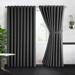 Aspire Homeware Plain Room Darkening Blackout Eyelet Curtain Pair Dark Grey (W) 228Cm X (D)228Cm With Tie Back Pair - thumbnail 2