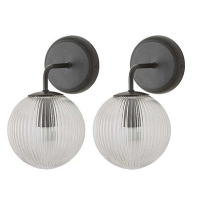 Valuelights Kempton Pair Of Matte Black Wall Lights With Ribbed Globe Shade - image 1