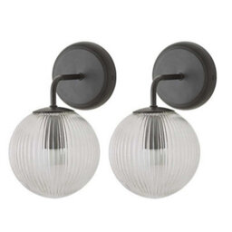 Valuelights Kempton Pair Of Matte Black Wall Lights With Ribbed Globe Shade