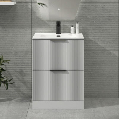 Royal Bathrooms Evora 600mm Matt White Fluted Floor Standing Bathroom Vanity Unit 2 Drawer Cabinet With Ceramic Basin & Matt Black Handles - image 1