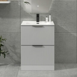 Royal Bathrooms Evora 600mm Matt White Fluted Floor Standing Bathroom Vanity Unit 2 Drawer Cabinet With Ceramic Basin & Matt Black Handles