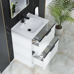 Royal Bathrooms Evora 600mm Matt White Fluted Floor Standing Bathroom Vanity Unit 2 Drawer Cabinet With Ceramic Basin & Matt Black Handles - thumbnail 3