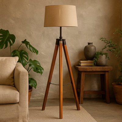 Wyld Haus Phuket Fixed Chrome And Teak Wood Tripod Floor Lamp, 115 Cm, Neutral Shade - image 1