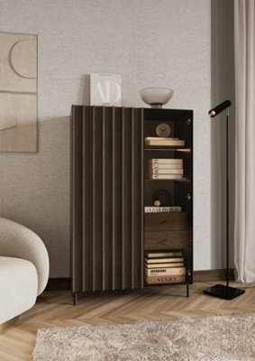 Arte Piemonte Dark Oak Effect Highboard Cabinet (H1440mm W920mm D440mm) With Glass Doors And Led Lighting - image 1