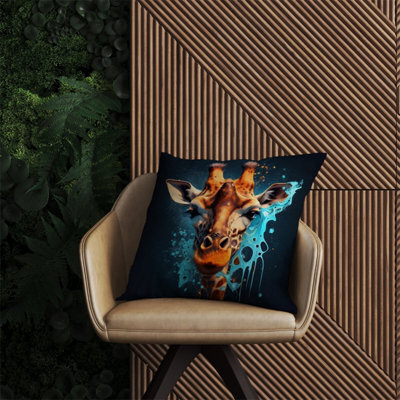 Warren Reed Designer Blue Giraffe Face Splashart Outdoor Cushion 60Cm X 60Cm