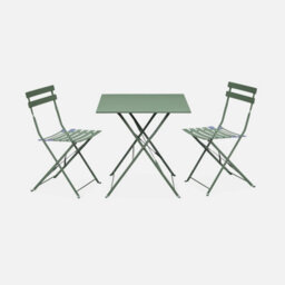 Sweeek - Square 2-Seater Folding Metal Bistro Garden Table With 2 Chairs Sage Green 70X70X71 Cm - Emilia - thumbnail 1