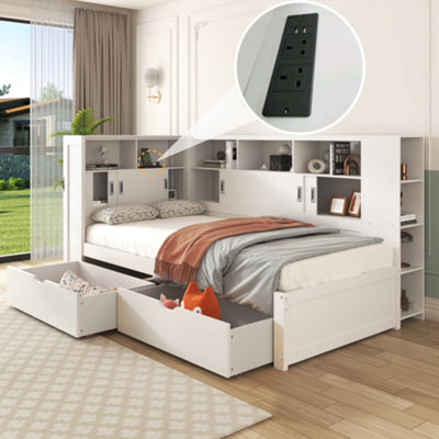 Btm 3Ft Single Platform Bed White With Trundle Bookcase Usb Storage Drawers And Shelves 90X190Cm - image 1