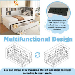Btm 3Ft Single Platform Bed White With Trundle Bookcase Usb Storage Drawers And Shelves 90X190Cm - thumbnail 5