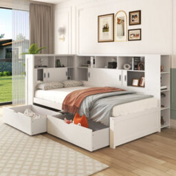 Btm 3Ft Single Platform Bed White With Trundle Bookcase Usb Storage Drawers And Shelves 90X190Cm - thumbnail 4