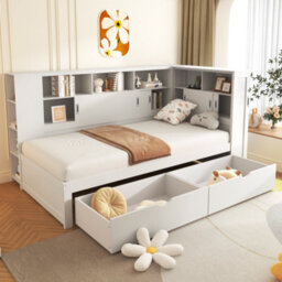 Btm 3Ft Single Platform Bed White With Trundle Bookcase Usb Storage Drawers And Shelves 90X190Cm - thumbnail 7
