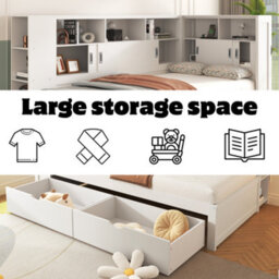 Btm 3Ft Single Platform Bed White With Trundle Bookcase Usb Storage Drawers And Shelves 90X190Cm - thumbnail 6