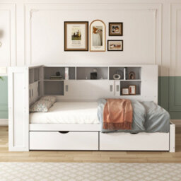 Btm 3Ft Single Platform Bed White With Trundle Bookcase Usb Storage Drawers And Shelves 90X190Cm - thumbnail 3