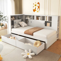 Btm 3Ft Single Platform Bed White With Trundle Bookcase Usb Storage Drawers And Shelves 90X190Cm - thumbnail 2