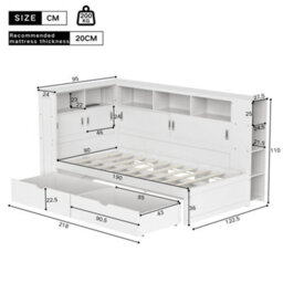 Btm 3Ft Single Platform Bed White With Trundle Bookcase Usb Storage Drawers And Shelves 90X190Cm - thumbnail 9