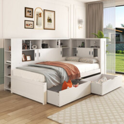 Btm 3Ft Single Platform Bed White With Trundle Bookcase Usb Storage Drawers And Shelves 90X190Cm - thumbnail 8