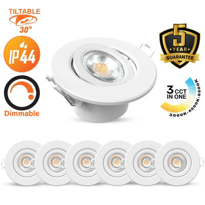 Paul Russells Led Downlight White Dimmable Tilt Recessed Ceiling Spotlight 6W 560 Lumens, Ip44, Colour Changeable Cct3, Pack Of 6 - image 1