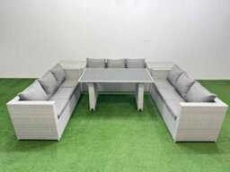 Fimous Patio Outdoor Garden Furniture Sets With Black Glass Top Dining Table 3 Seater Sofa Light Grey