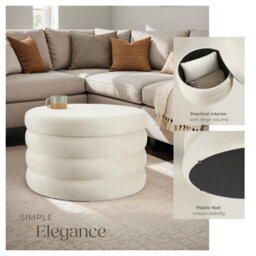 Tectake Footstool Altu Xl - With Storage, Cylinder Shape, Plush Upholstery, 67 X 42 Cm - Velvet Look Cream-White, 1 - thumbnail 4