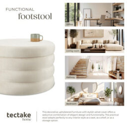 Tectake Footstool Altu Xl - With Storage, Cylinder Shape, Plush Upholstery, 67 X 42 Cm - Velvet Look Cream-White, 1 - thumbnail 7