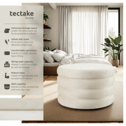 Tectake Footstool Altu Xl - With Storage, Cylinder Shape, Plush Upholstery, 67 X 42 Cm - Velvet Look Cream-White, 1 - thumbnail 2
