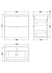 Hudson Reed Fusion Wall Hung 2 Drawer Vanity Unit & Ceramic Basin, Stylish Sink Vanity Unit, Gloss Grey, 600mm - thumbnail 3