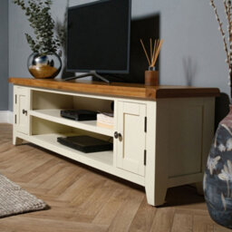 Elm Home And Garden Extra Large Tv Video Media Unit Painted Cream Wooden Oak 50Cm High X 180Cm Wide X 37Cm Deep Fully Assembled - thumbnail 2