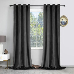 Oxford Homeware Eyelet Velvet Curtains Charcoal Fully Lined Blackout Thermal Insulated Eyelet Curtains Pair (W)168Cm X (L)228Cm