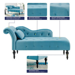 Bravich Chaise Lounge Velvet Sofa With Wooden Legs - Blue - thumbnail 5