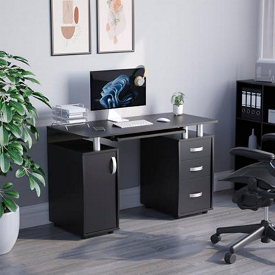 Vida Designs Otley Computer Desk With Shelves And 3 Drawers, Home Office Pc / Laptop Gaming Table, Study Workstation Keyboard
