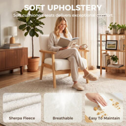 Homcom Accent Chair With Wood Frame Wide Seat Sherpa Fleece Armchair Cream - thumbnail 5